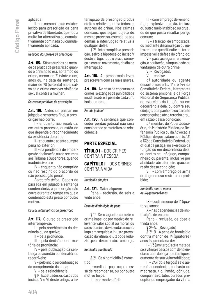 Página do Código Penal em texto corrido